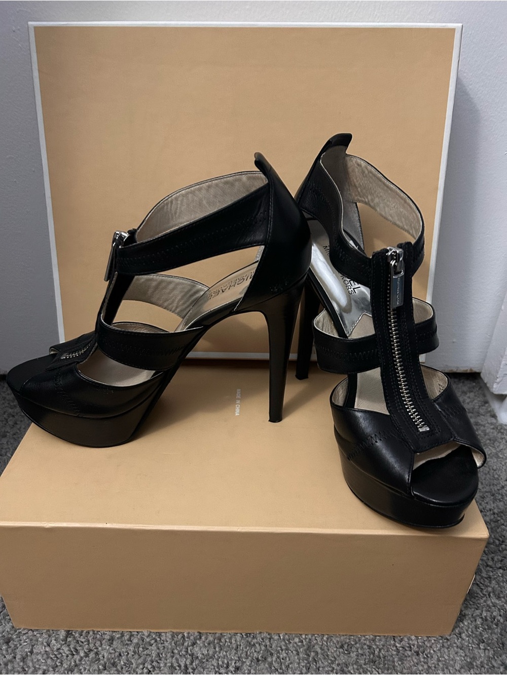 MICHAEL Michael Kors Black Leather Zip-Front Platform Sandals